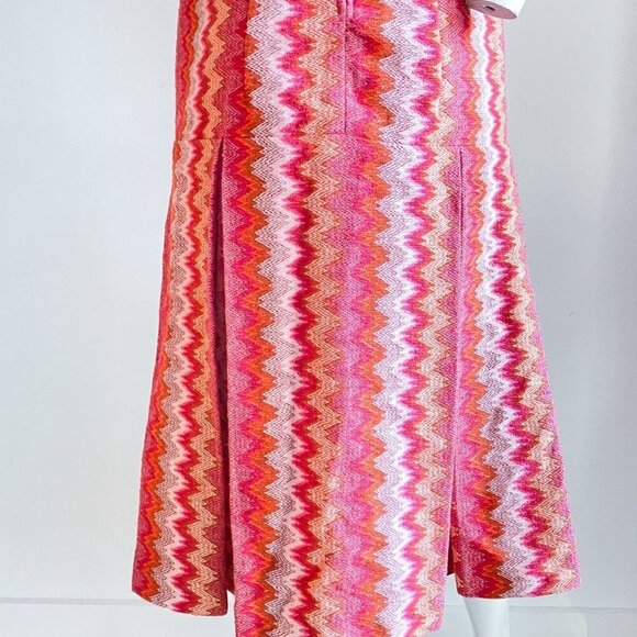 Vintage Chevron  Print Pink Tones Dropped Waist Patch Pockets Pleated Midi Dress - Picture 8 of 9
